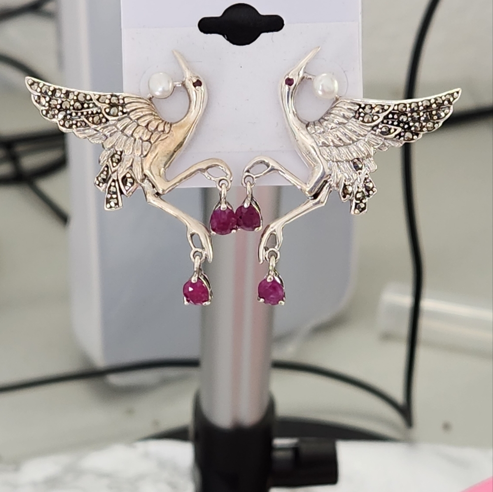 SOLD. Sterling Swan post Dangle earrings with Genuine Rubies and Pearls.